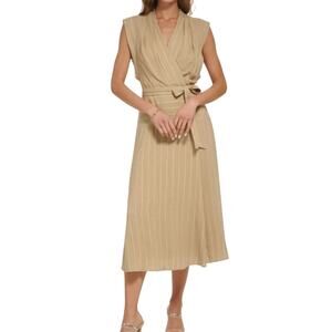NWT DKNY Linen Blend Striped Sleeveless Surplice Midi Dress in Khaki/White